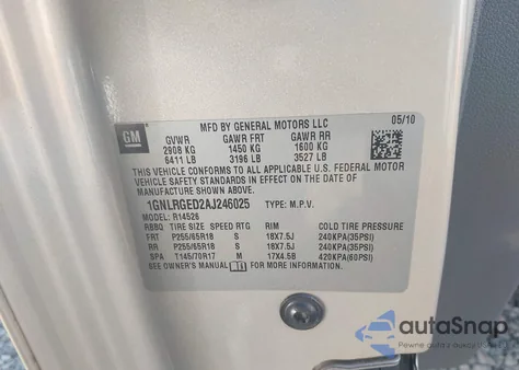 2010 Chevrolet Traverse Lt z USA, uszkodzony, nr VIN 1GNLRGED2AJ246025